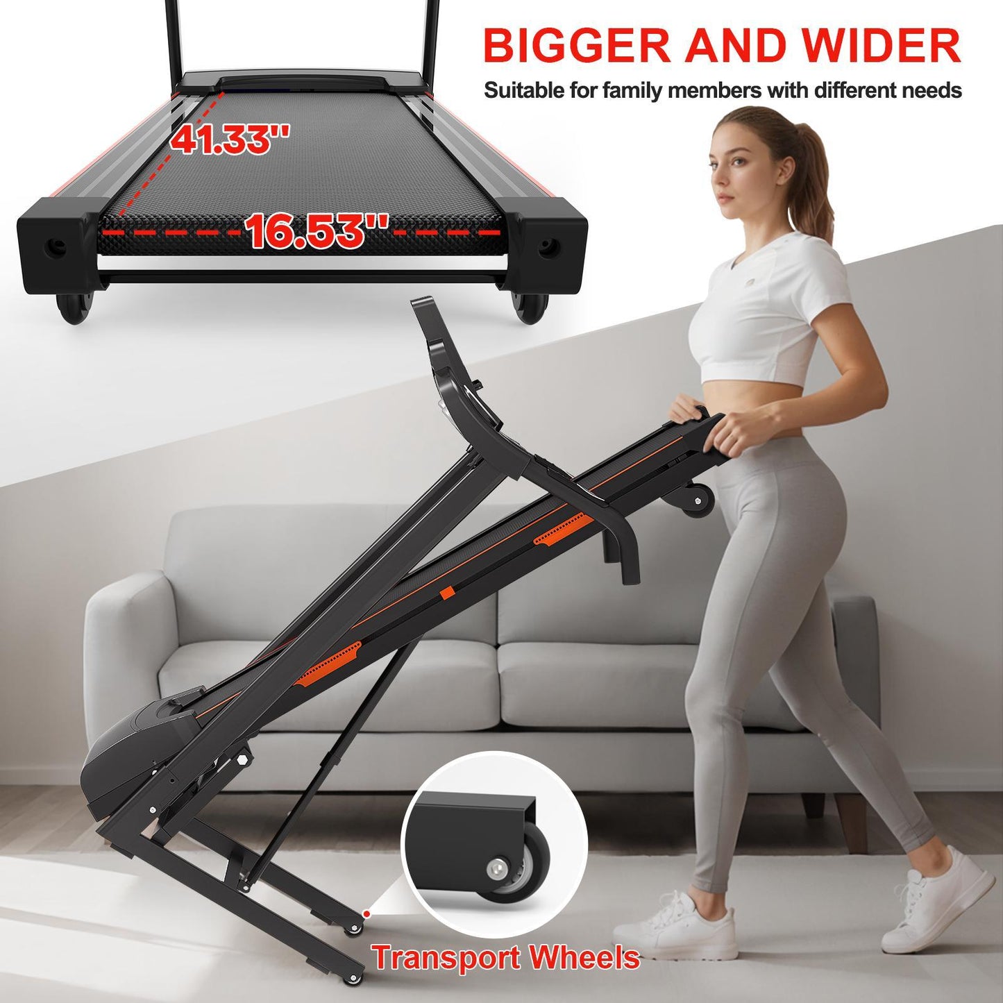 Tapis roulant à roues faciles à déplacer avec porte-gobelet et moteur de levage